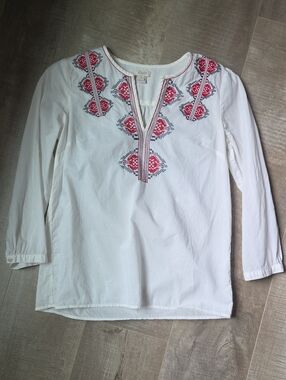 White Embroidered Tunic Top with Red Accent